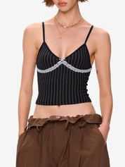 Lace Patchwork Striped V Neck Cami Top