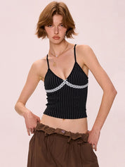 Lace Patchwork Striped V Neck Cami Top