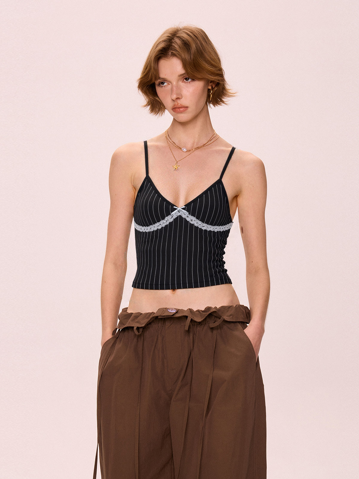 Lace Patchwork Striped V Neck Cami Top