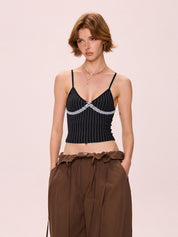 Lace Patchwork Striped V Neck Cami Top