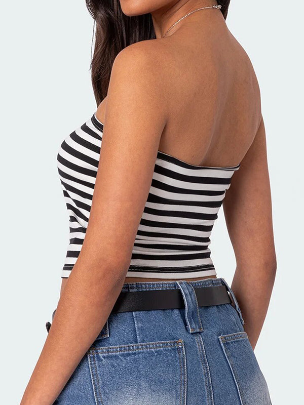 Striped Slim Fit Short Navel Baring Bandeau Top