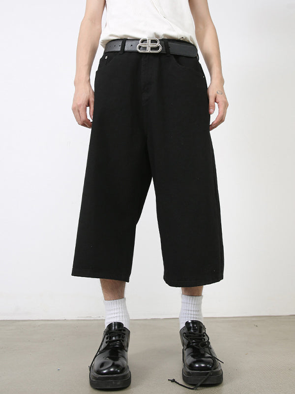 Men'S Retro Washed Wide Leg Straight Denim Shorts