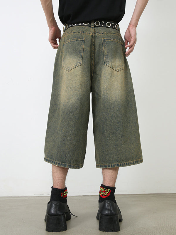 Men'S Retro Washed Wide Leg Straight Denim Shorts