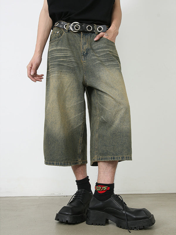 Men'S Retro Washed Wide Leg Straight Denim Shorts
