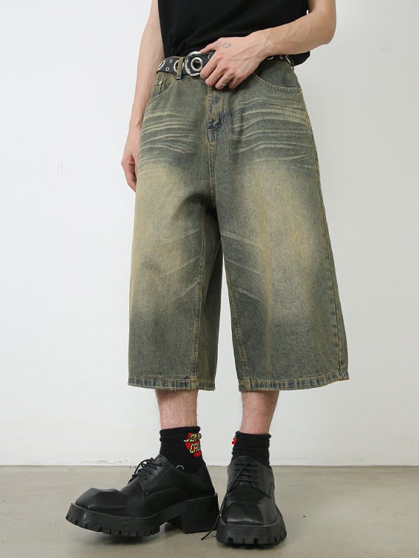 Men'S Retro Washed Wide Leg Straight Denim Shorts