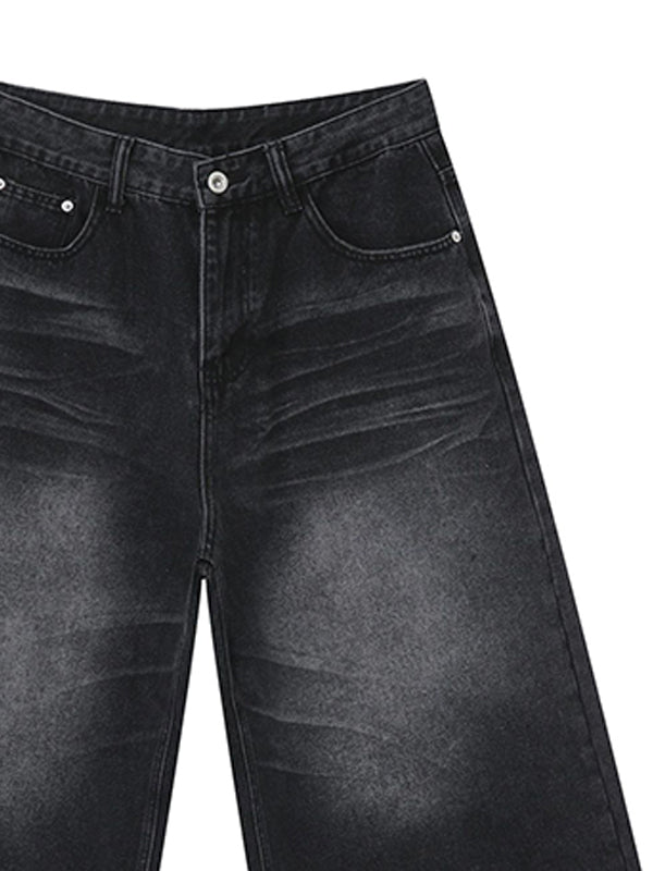 Men'S Retro Washed Wide Leg Straight Denim Shorts