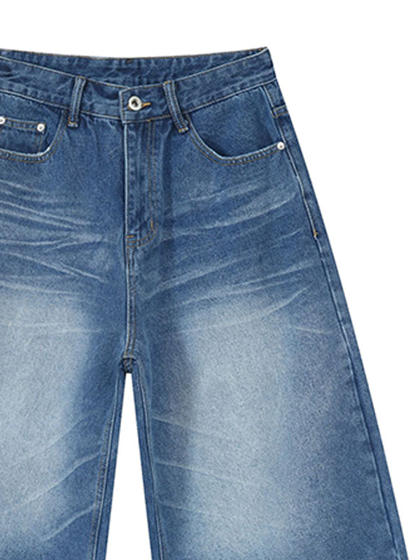 Men'S Retro Washed Wide Leg Straight Denim Shorts