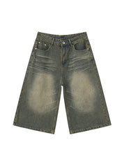 Men'S Retro Washed Wide Leg Straight Denim Shorts