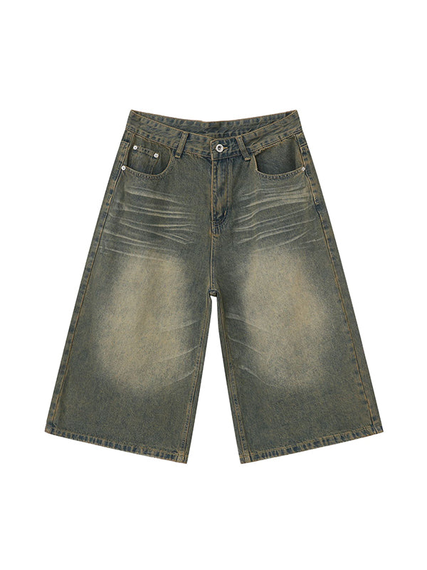 Men'S Retro Washed Wide Leg Straight Denim Shorts