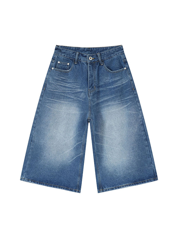 Men'S Retro Washed Wide Leg Straight Denim Shorts