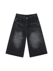 Men'S Retro Washed Wide Leg Straight Denim Shorts