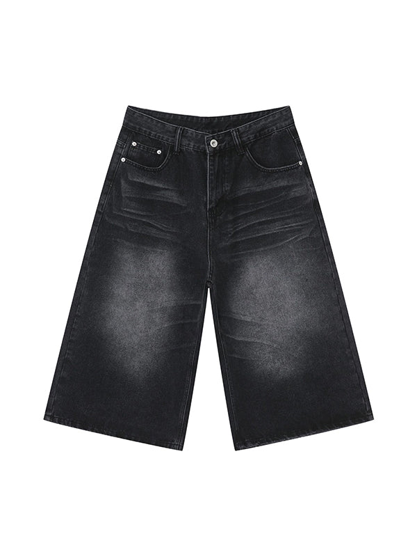 Men'S Retro Washed Wide Leg Straight Denim Shorts