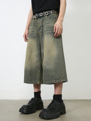 Men'S Retro Washed Wide Leg Straight Denim Shorts