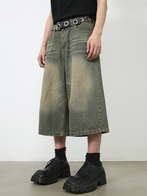 Men'S Retro Washed Wide Leg Straight Denim Shorts