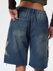 Men'S Vintage Star Patch Loose Denim Shorts