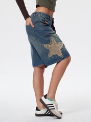 Men'S Vintage Star Patch Loose Denim Shorts