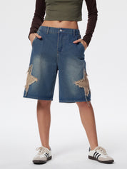 Men'S Vintage Star Patch Loose Denim Shorts