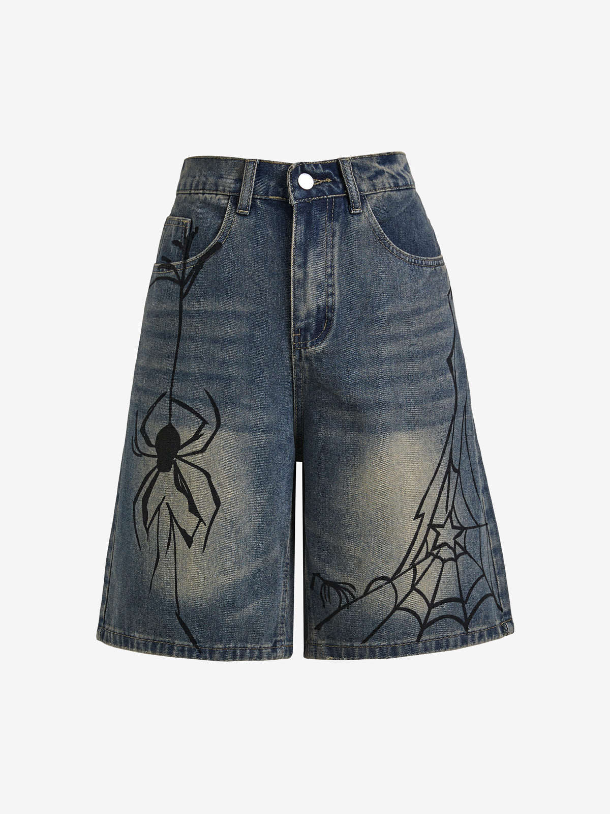 Men'S Spider Print Loose Casual Denim Shorts
