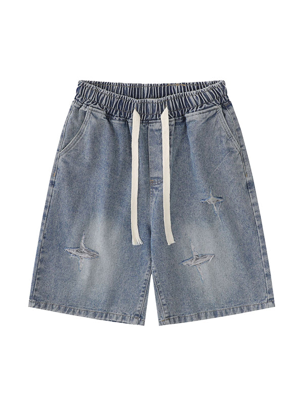 Men'S Washed Ripped Straight Denim Shorts