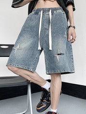 Men'S Washed Ripped Straight Denim Shorts