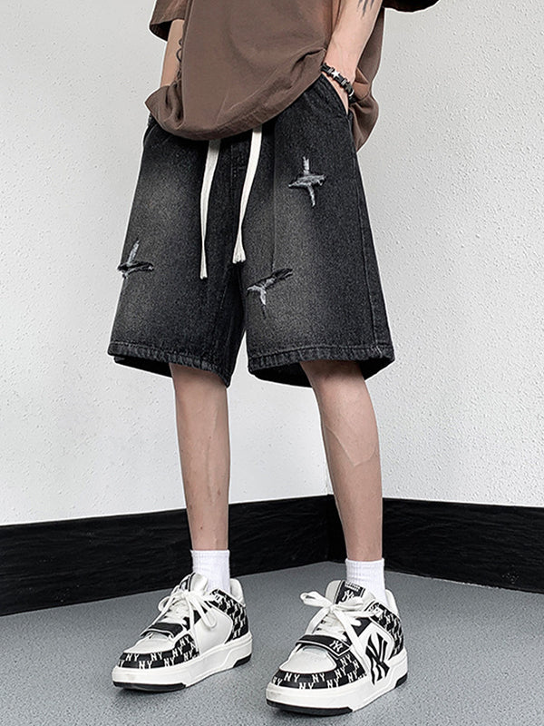 Men'S Washed Ripped Straight Denim Shorts