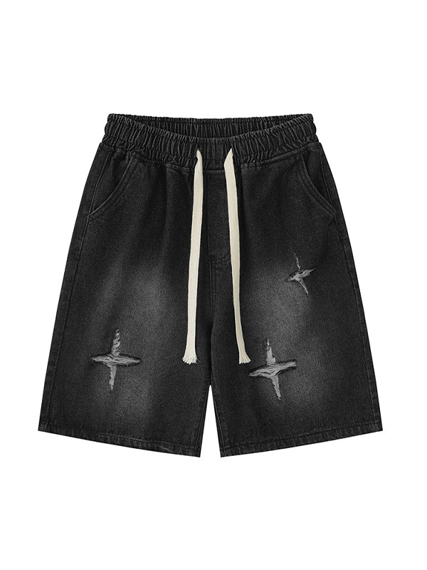 Men'S Washed Ripped Straight Denim Shorts
