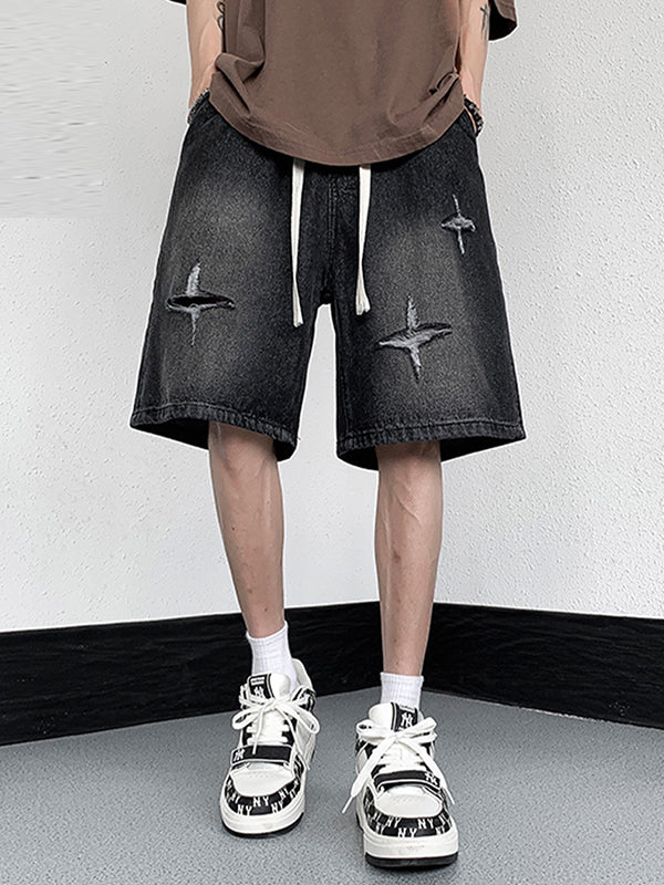 Men'S Washed Ripped Straight Denim Shorts