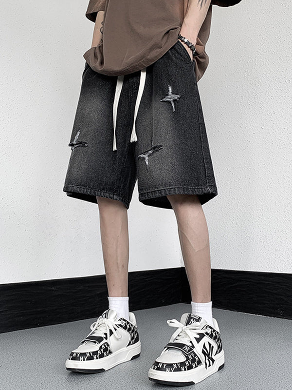 Men'S Washed Ripped Straight Denim Shorts