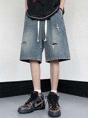 Men'S Washed Ripped Straight Denim Shorts