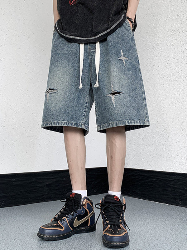 Men'S Washed Ripped Straight Denim Shorts
