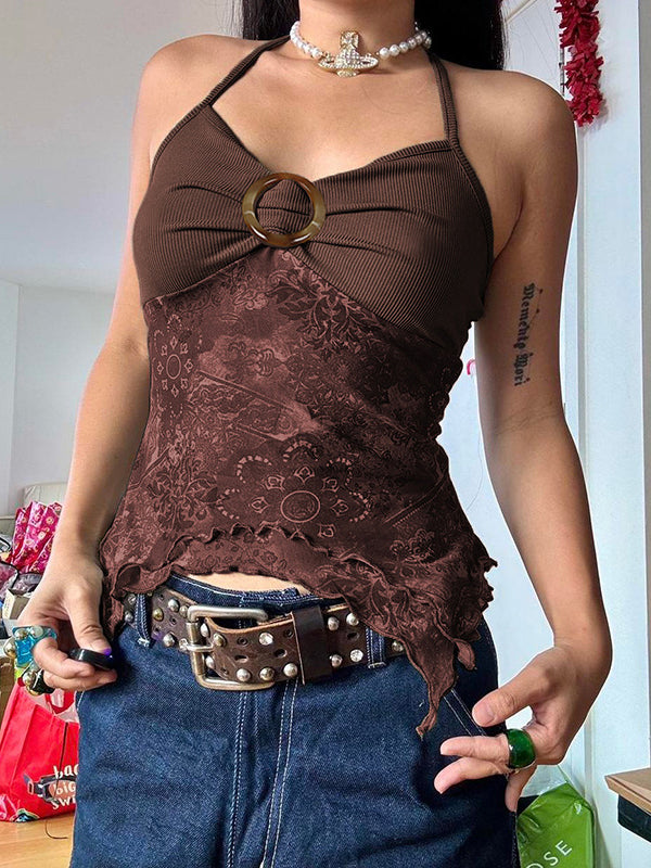 Retro Ethnic O-Ring Backless Halter Vest