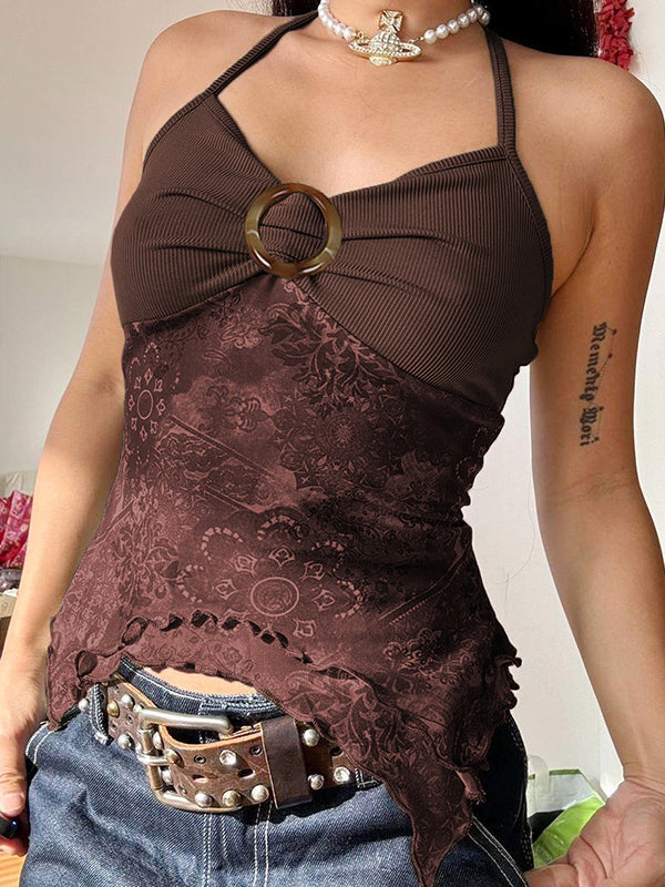Retro Ethnic O-Ring Backless Halter Vest
