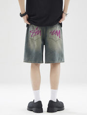 Men's Letter Print Loose Casual Denim Shorts