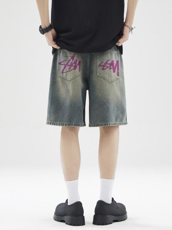 Men's Letter Print Loose Casual Denim Shorts