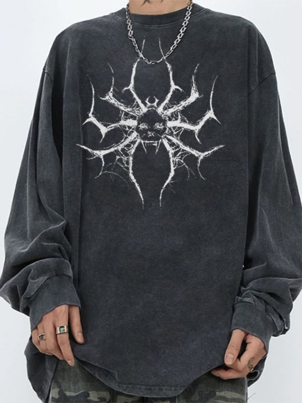 Spider Print Loose Casual Black Long Sleeves Tee