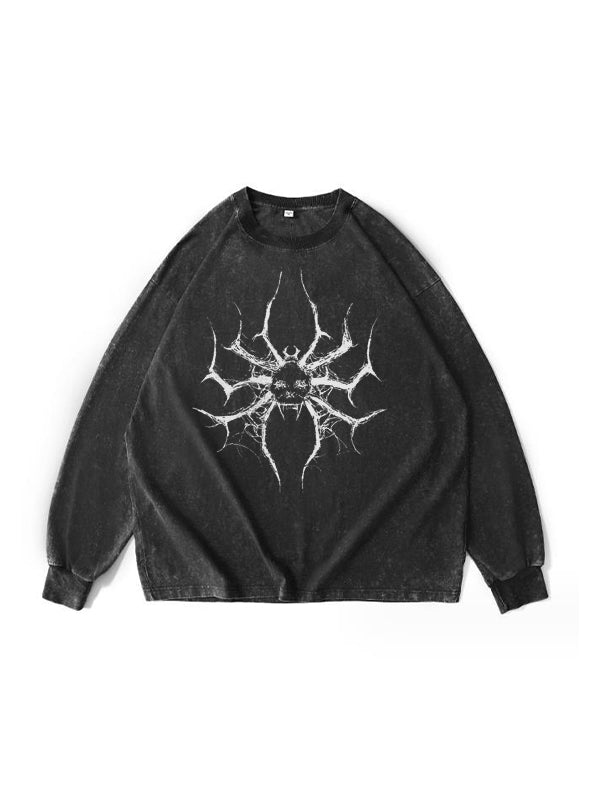 Spider Print Loose Casual Black Long Sleeves Tee