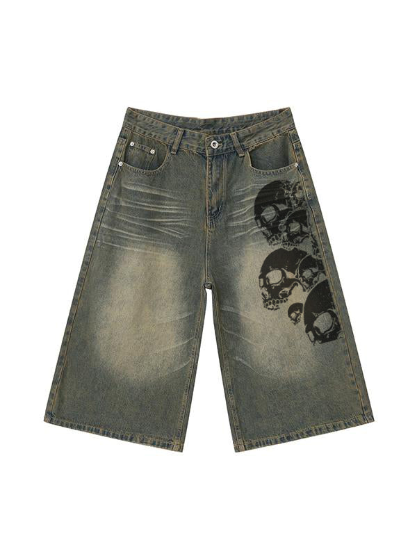Men's Skull Print Loose Casual Denim Shorts