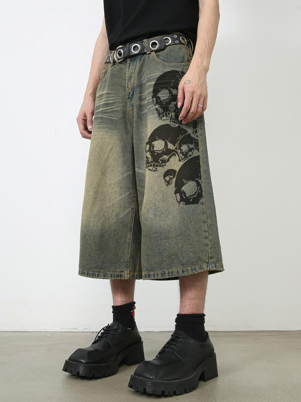 Men's Skull Print Loose Casual Denim Shorts