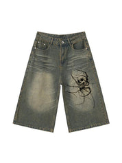 Men's Skull and Spider Print Loose Denim Shorts