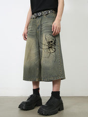 Men's Skull and Spider Print Loose Denim Shorts