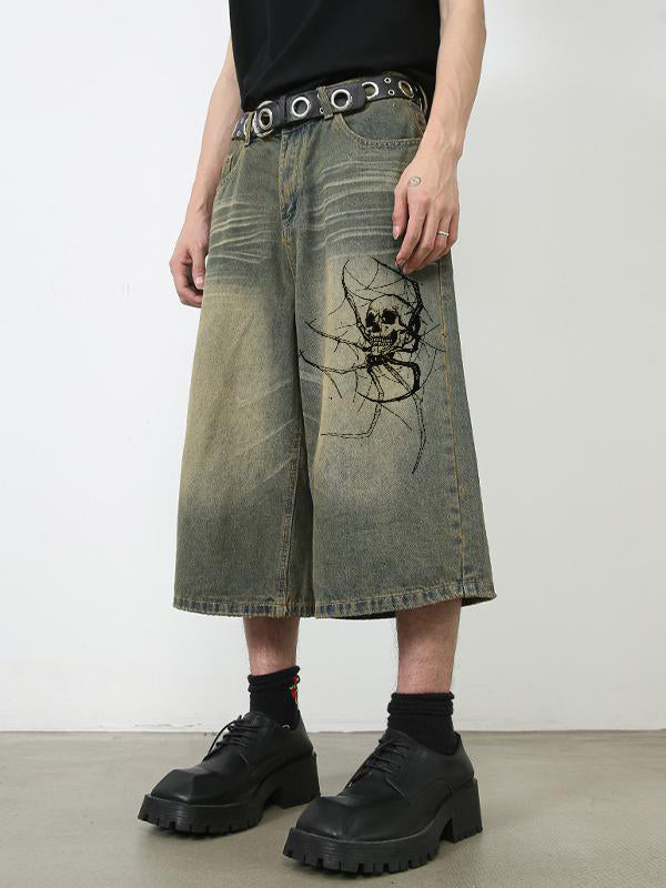 Men's Skull and Spider Print Loose Denim Shorts