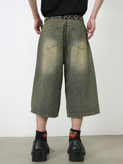 Men's Skull and Spider Print Loose Denim Shorts