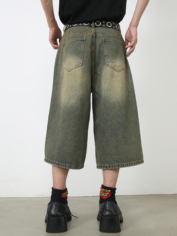 Men's Skull and Spider Print Loose Denim Shorts