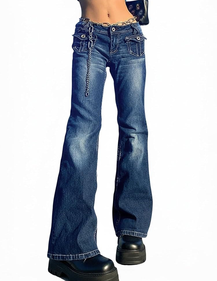 Y2K Embroidered Mid Rise Vintage Flare Denim Pants