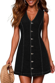 V-Neck Button Down Sleeveless Denim Mini Dress