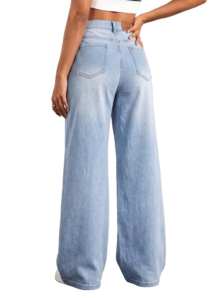 Mid High Waisted Baggy Wide Leg Denim Pants