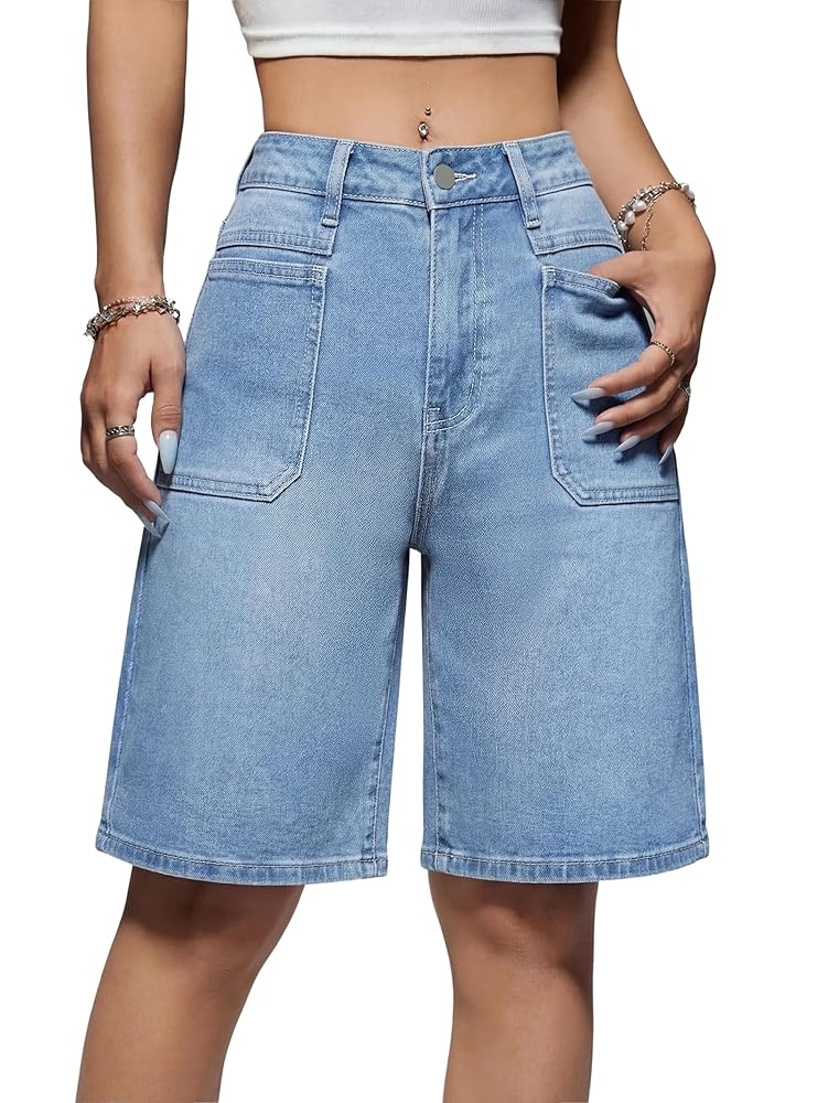 High Waisted Wide Leg Denim Bermuda Shorts